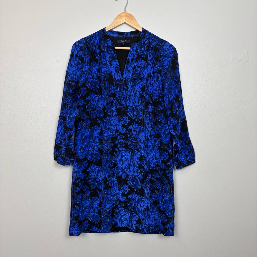 Madewell Dress Small Black Blue Floral Director Silk Shift Mini Pockets